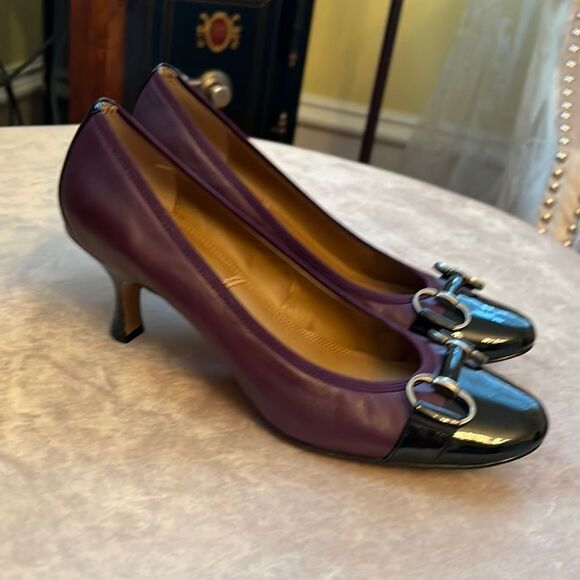 #OfficeSiren 💃 Classic Purple SOFT Leather Blk Patent Toe *Kitten Heel* Pump 8.5 - Picture 2 of 11